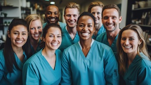 En grupp glada sjuksköterskor och läkare